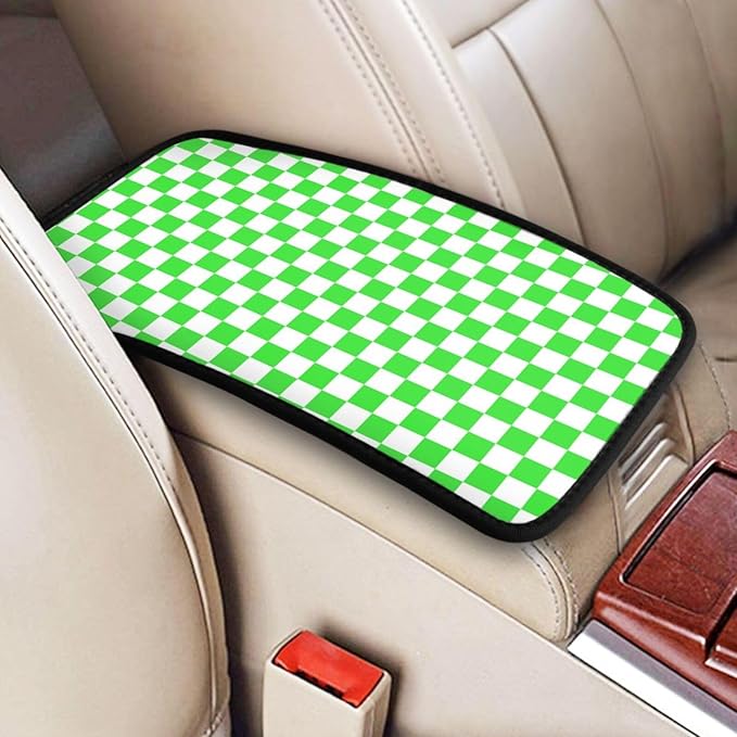 Green White Checkered Chessboard Flag Car Armrest Pad Cute Cars Center Console Cover Auto Handrail Box Cushion Armrests Cover