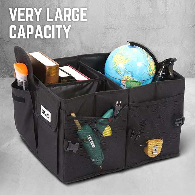 DNA Motoring Trunk Organizer for Car, 60L Large Capacity Foldable Trunk Organizer, Multi Compartment Car Trunk Organizer for Women Men, Black, TOOLS-00419