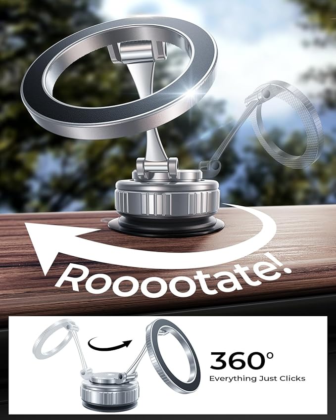 Haassue 2026 Upgraded Vacuum Magnetic Car Phone Holder [89+LBS Suction/2800gf Magnet], Suction Cup Phone Mount, Ultra-Strong Magnetic Stand for Car/Mirror/Gym/Kitchen/iPhone17 16 15 14 13 12, Silver