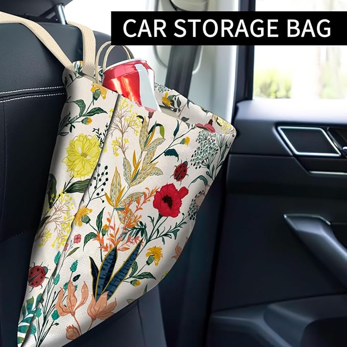 ABUIFDK Car Trash Can, Cute Car Trash Bag, Hanging Car Organizer and Storage Bag, Trash Bin for Car Accessories, Vehicle, Travelling, Camping Cute Colorful Flowers
