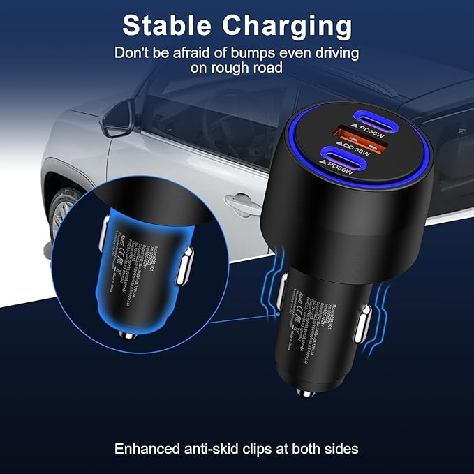 Super Fast Type C Car Charger for Samsung Galaxy S26 S25 Ultra A17 A16 iPhone 17 Pro Max 17e Pixel 10a 10 9 Pro Android USB-C&USB-A 3 Port PD36W with QC30W Car Phone Charger Cigarette Lighter Adapter