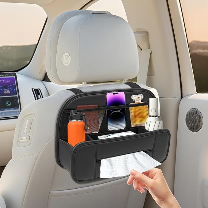 FLORICH 5-in-1 Car Backseat Organizer, Premium Leather Headrest Seat Back Storage Pocket with Cup Holder, Foldable Hanging Car Tissue Holder 1 PACK