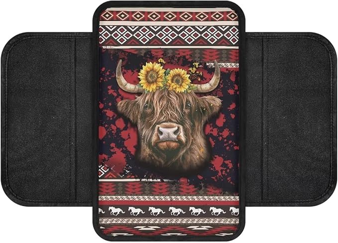 BIGCARJOB Tribal Cow Print Car Armrest Seat Box Cover with Side Storage,Southwest Tribal Print Car Interior Accessories Universal Center Console Armrest Pads for Cars SUV Truck