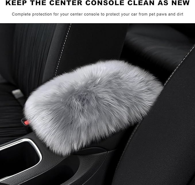Furry Car Center Console Cover Pad, 11.8"×7.9" Auto Fluffy Plush Center Armrest Protective Cover, Comfortable Fuzzy Armrest Seat Box Protector Cushion for Cars Trucks SUVs (Light Gray)