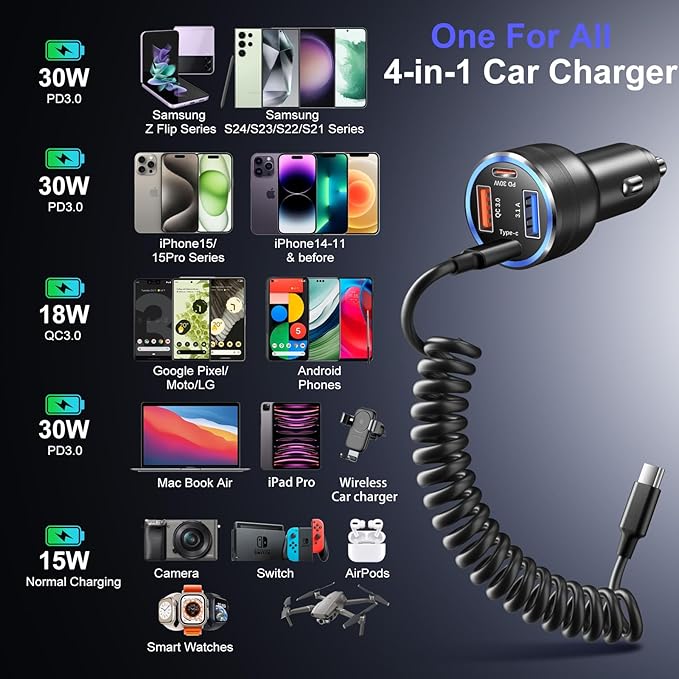 3 Pack 65W Multi Port 12V USB C & USB A Car Charger Adapter with 5 Pack Coiled USB Type C Coiled Cable Compatible for iPhone, Galaxy, Google and Other Android Devices