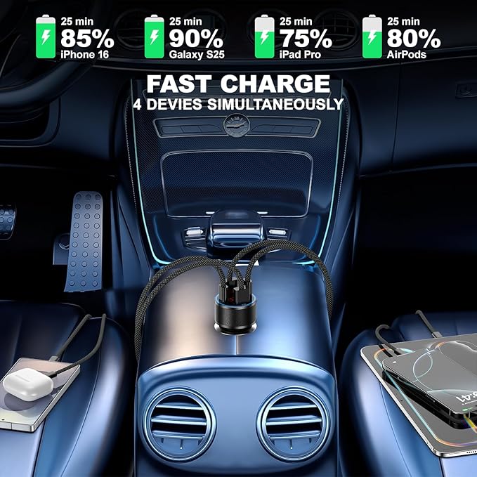 USB C Car Charger, 65W Fast Charging Cigarette Lighter 4-Ports PD 30W USB Car Phone Charger with Volt Meter, 2 x USB-C Cables for iPhone 16 15 14 13, Samsung Galaxy S25 S24 S23 S22, iPad & Tablets