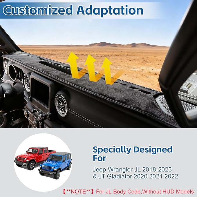 Dash Cover Mat Fit for Jeep Wrangler JL 2018 2019 2020 2021 2022 Gladiator 2020 2021 2022 Sahara Rubincon Accessories,Non-Slip Flannel Dashboard Cover Mat Sunshield Protector Sunshield Glare