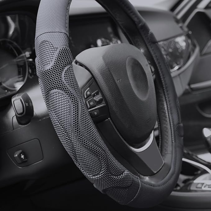 Elantrip Leather Steering Wheel Cover Great Grip with 3D Honeycomb Anti-Slip Design, Universal 15.5-16 inch Car Wheel Protector Black