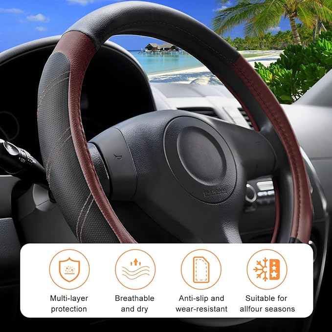 Car Steering Wheel Cover, 14.5-15" Non-Slip Leather Sporty Vehicle Steering Wheel Protector, Breathable Auto Interior Decoration Accessories, Universal for Van Truck Sedan (Wine Red)