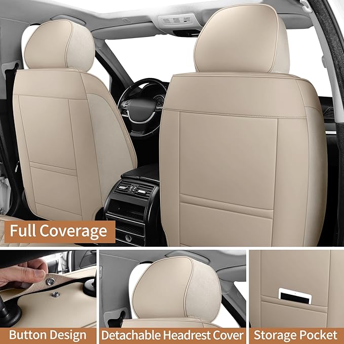 SCOMEE Beige Leather Car Seat Covers Full Set Breathable Seat Protectors Waterproof Automotive Seat Covers Universal Fit for Most Cars SUVs Trucks Vehicles