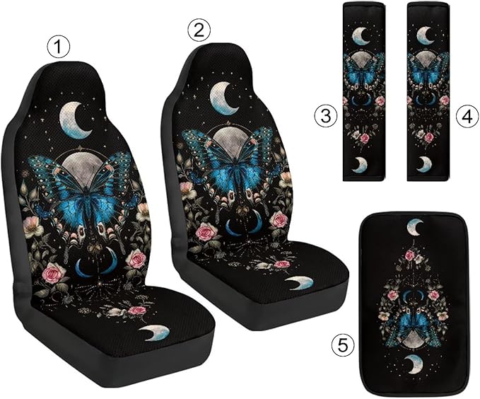 Qeluxign PU Leather Car Seat Cover Butterfly Moon Floral Set of 5 Auto Accessories 2 Front Bucket Seat Covers, 2 Seatbelt Pads & 1 Armrest Cover, Easy to Install