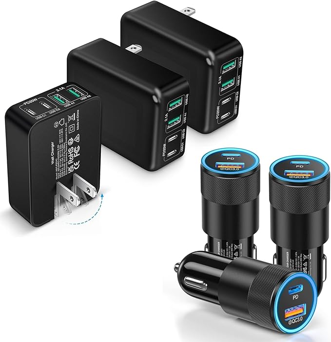 3-Pack USB C Fast Charger Block 40W 4-Port Flat USB C Wall Charger + 3-Pack 38W Dual Port PD + QC 3.0 USB C Car Charger