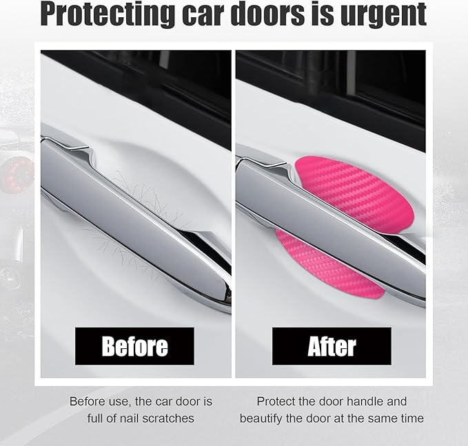 Kewucn 4PCS Car Door Handle Sticker, Carbon Fiber Auto Door Side Handle Protective Films, Anti-Scratch Vehicle Door Cup Protector, Universal Exterior Accessories for Most Cars (Pink)