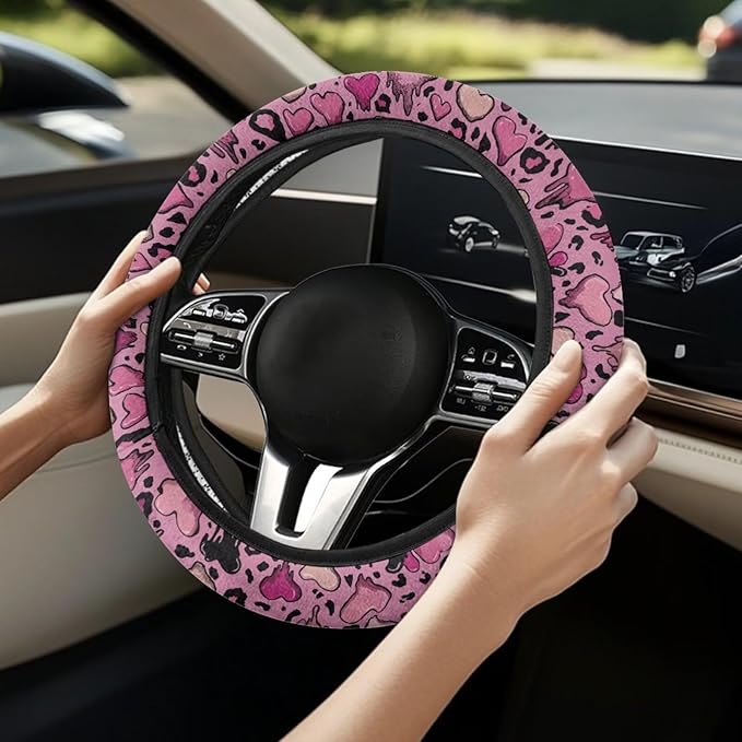 Universal Non-Slip Steering Wheel Cover, 15-inch Polyester Material Driving Accessories, Adjustable for Car and Truck(Sweet Cool Pink Leopard)