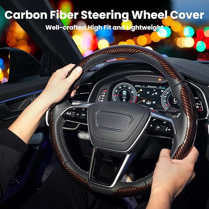 Carbon Fiber Steering Wheel Cover 3PCS Set – Anti-Slip, Scratch-Resistant, Universal Fit for 14–16 Inch Wheels – Interior Car Accessories for Cars, SUVs, Trucks (Brown)