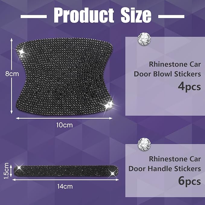 Frienda 10 Pieces Bling Car Accessories for Women Bling Car Door Handle Protector Door Handle Covers for Car Rhinestone Car Bowl Protector Accessories Women Stickers(Black)