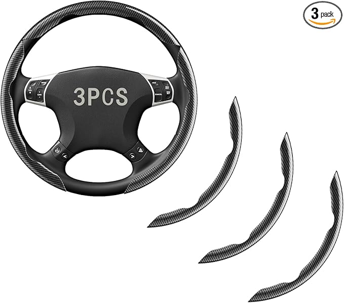 Steering Wheel Covers, 3PCs Carbon Fiber Anti-Skid Clip on Car Steering Wheel Cover Protector Universal for Most Car Wheel, Black