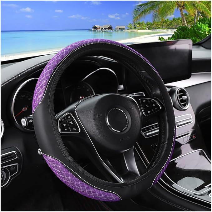Elastic Car Steering Wheel Cover, 14.5-15 Inch Leather Non Slip Vehicle Steering Wheel Protecter Without Inner Ring, Auto Interior Protection Accessories, Universal Fit (Purple)