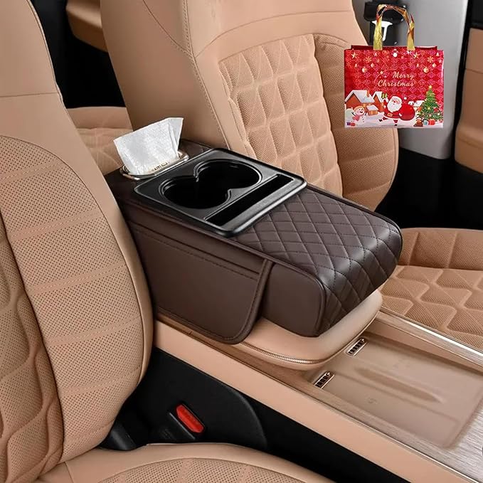 Multifunctional PU Leather Car Armrest Box Mat with Central Elbow, 2026 New Car Armrest Storage Box with Cup Holder, Tissue Box Slot, Phone Slot, Universal Fit (Brown)