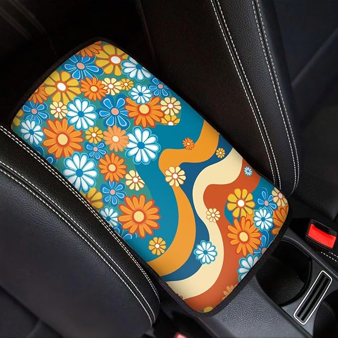 Hippy Floral 70s Car Armrest Cover Pad for Women Breathable Soft Center Console Arm Rest Protector Cover Universal SUV Vehicle 70s Car Accessories