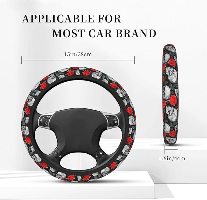 Skull Red Rose Steering Wheel Cover for Women Men Girls, Car Accessories Decor Thickened Anti-Slip Auto Steering Wheel Covers Protector Universal Fit 15 Inch for Cars, Truck, SUV