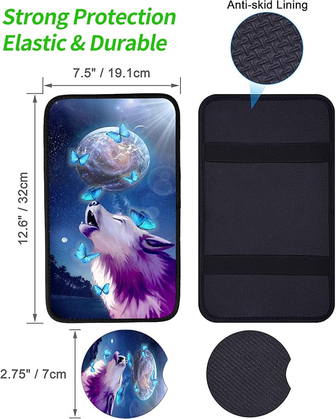 JANENFNA Car Armrest Cover Pads Universal Fashion Cute Auto Center Console Armrest Cover Pad with 2PCS Car Coasters Soft Waterproof Car Armrest Seat Protector for Women,Growling Wolf Butterfly