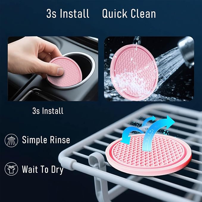 KULOLO Car Cup Holder Coaster 4 Pack - Non Slip & Shockproof,Flexible PVC Rubber Insert for Car/Truck/SUV/Van (2.75"x0.2") Universal Fit Auto Cup Holders Accessories for Women and Man (Pink)