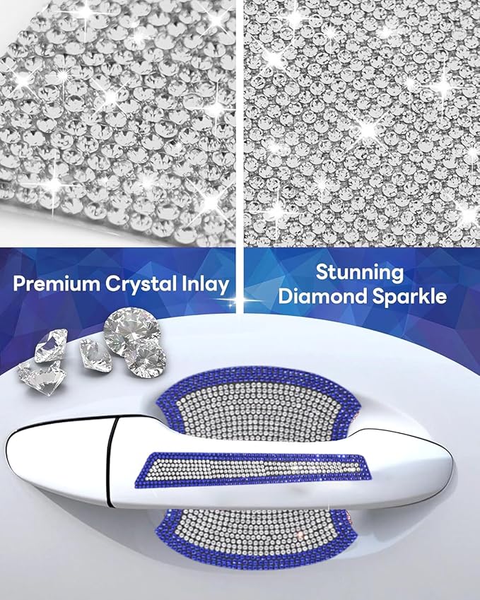 8Pcs Bling Car Door Handle Protector Stickers,Crystal Rhinestone Glitter Car Door Handles Cup Scratch Protectors Decals Universal (Blue White)