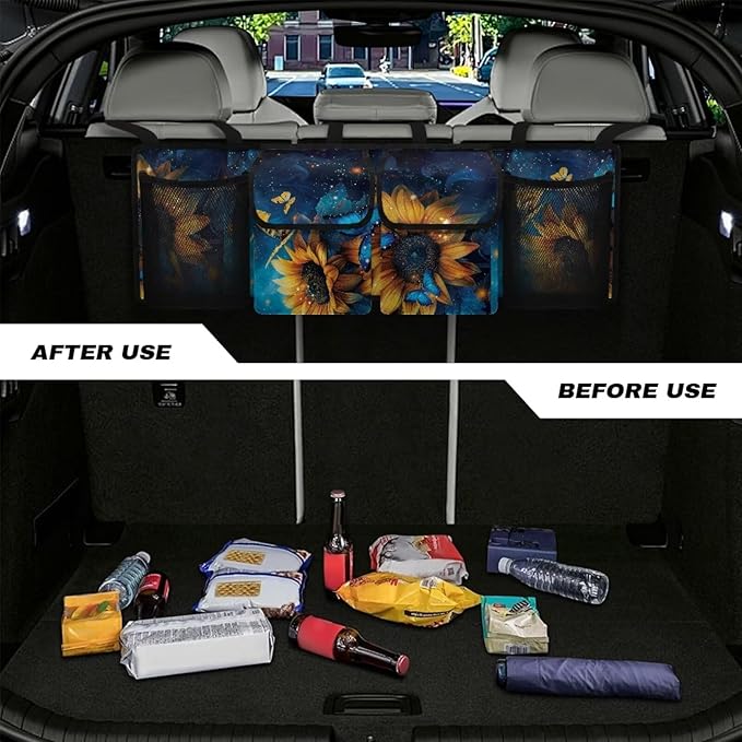 Sunflower Car Trunk Organizer and Storage, Backseat Hanging Organizer for SUV, Truck, MPV, Van, Sedan, Waterproof Cargo Storage Bag with 4 Pockets, Sunflower Car Accessories for Women