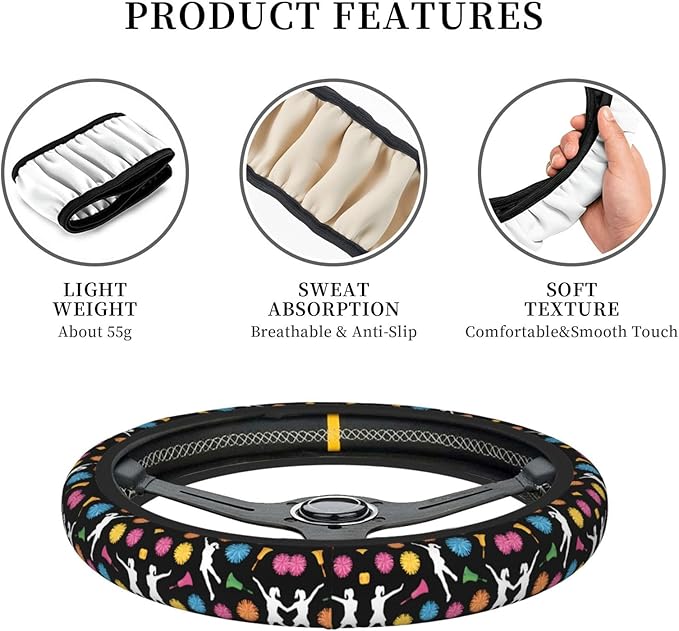 Neoprene Steering Wheel Cover Bullhorns-Pompoms-Cheerleaders Pattern Car Steering Wheel Cover Universal Fit for Most Cars