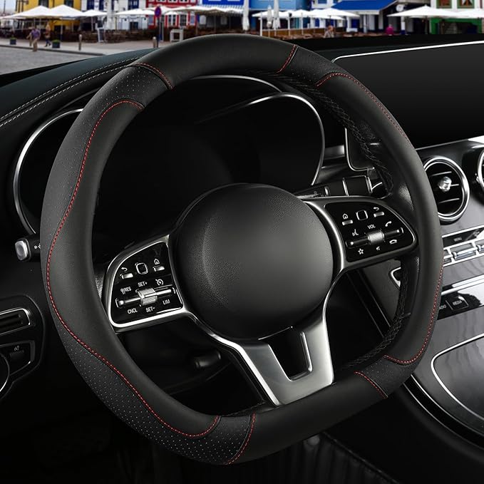 Binsheo Microfiber Leather D Shaped Steering Wheel Cover, Breathable, Anti Slip, 13.5 inch to 14 inch, Black