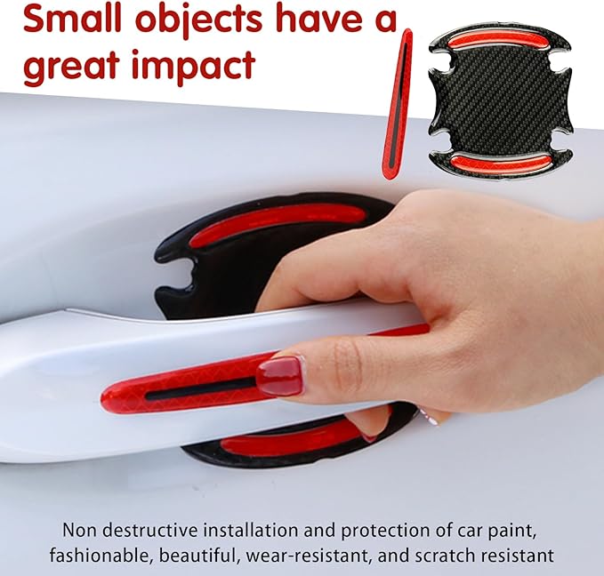 ijuicy 4 Set Reflective Car Door Handle Bowl Sticker, Carbon Fiber Car Door Handle Scratch Protector Cover (Red)