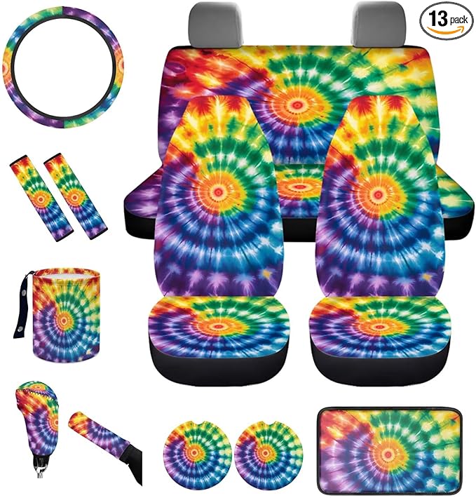 Dngkaoje 13 Pieces Tie Dye Car Seat Covers Full Set for Women Auto Interior Accessories Set for Front Rear,Hippie Tie Dye Print Collapsible Garbage Bin,Armrest Pad Cover,Handbrake Shift Covers
