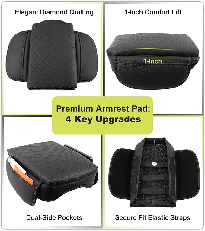 Armrest Cover for Chevy Colorado GMC Canyon 2023 2024 2025 2026 Center Console Pad Accessories Arm Rest Lid with Pockets, Black Faux Leather