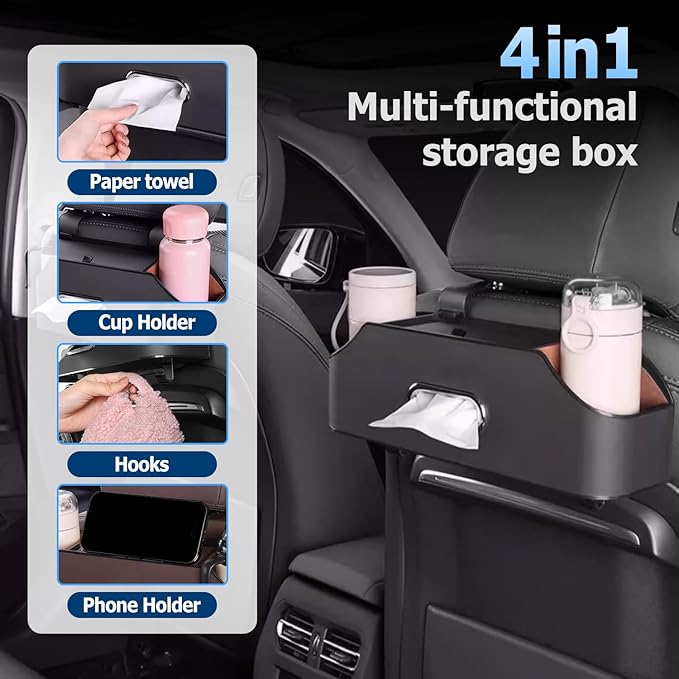 Multifunctional Car Back Seat Storage Organize, 2026 Upgrade 3-in-1 Car Backseat Organizer with Cup Holder, Tissue Box, Trash Bin & Hooks, for Hold Phones, Snacks, Drinks, and Handbags (Brown)