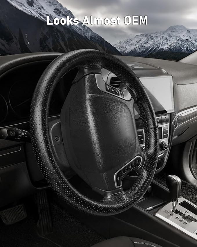 BELINOUS Universal Leather Car Steering Wheel Cover, Stitch On Wrap (Size S1, Black)