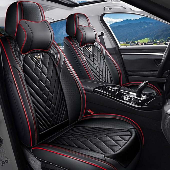 BYXN Car Seat Covers for Jeep Wrangler 2000-2026,Breathable Nappa Leather Car Seat Protector,Front Seat Cover with Pillow Automotive Seat Cushion with Airbag Compatible(Front Seats,Black-Red)