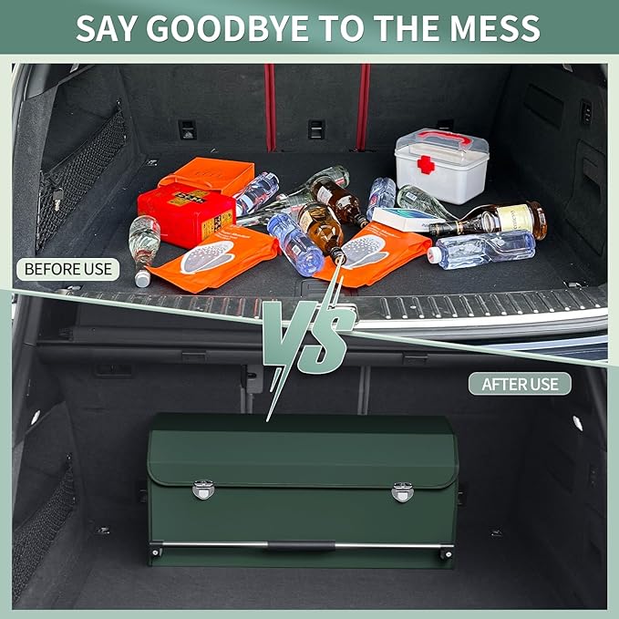 XCF Car Trunk Organizer, Leather Trunk Organizer with Lid and Push-pull Handle Car Trunk Storage Box for SUV, Minivan, Truck, Sedan (Green, 27.1 x 11.4 x 12.2in)
