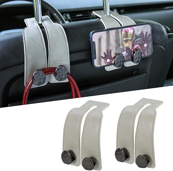 URIZZD 2PCS Leather Car Seat Hooks for Headrest, Vehicle Hanger Storage Organizer Universal for Handbag Purse, Car Accessories Gift (Grey-Black)