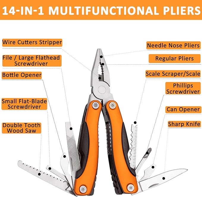 AUTODECO 98 PCS Roadside Car Emergency Assistance Kit with Portable Air Compressor Jumper Cables Safety Hammer All in One Pliers Tool Set（Orange）
