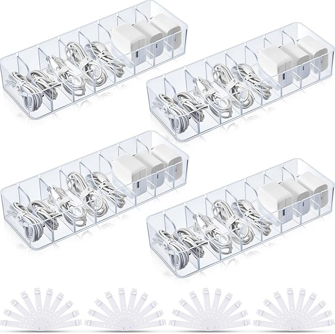Tatuo 4 Pcs Cable Organizer with 40 Wire Ties, Plastic Cord Storage Charger Box Electronics Organizer with Adjustment Compartments Cable Storage for Drawer Home Office Desk Accessories (Clear)