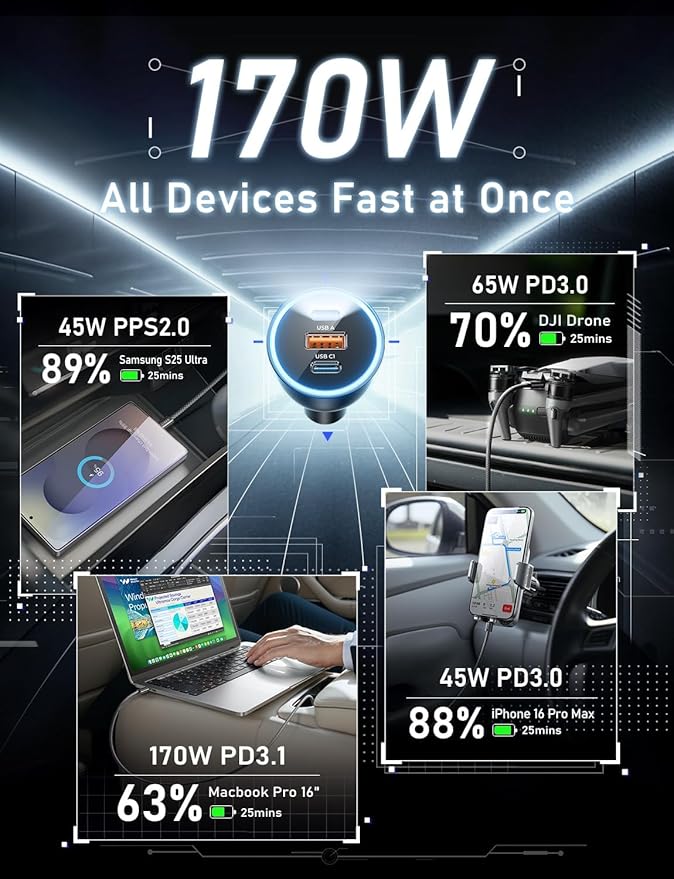 LISEN 170W Car Charger USB C Fast Charge Fast Car Charger, GaN Chip PD3.1 140W+PD30W/QC30W Cigarette Lighter USB Charger Adapter for iPhone17/16, MacBook Pro/Air, Laptop, Samsung S25/S24