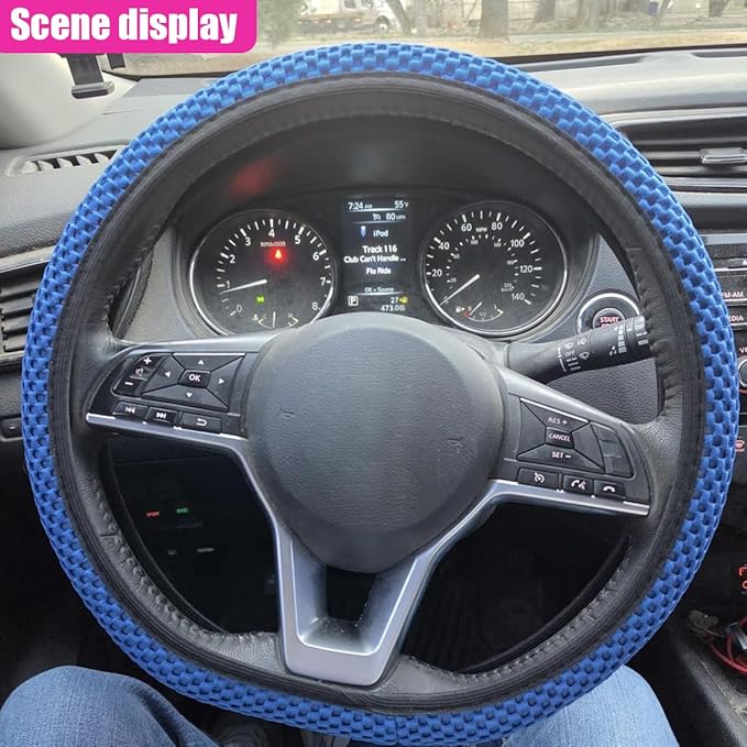 Elastic Stretch Steering Wheel Cover, Anti-Slip 15 inch Microfiber Odorless Breathable Ice Silk Car Steering Wheel Protector, Easy Carry, Warm in Winter & Cool in Summer (Blue)