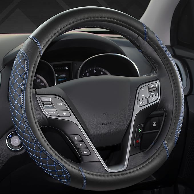 West Llama Customized Auto Car Steering Wheel Cover for Hyundai,Tucson,Sonata,Elantra,Santa Fe,Genesis,Sonata Hybrid,Azera,Venue,Kona, 14.5-15 inches(Diamond Quilted-Black+Blue-Standard Size)
