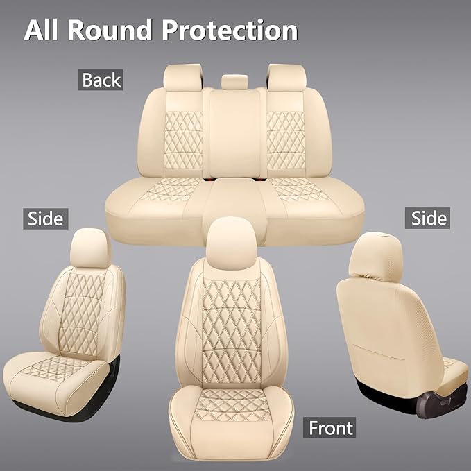 NS YOLO Leather Car Seat Covers,Universal Fit for Most Cars,SUVs and Sedans,Waterproof Luxury Leatherette Cushions, 5 Seats Protectors (Beige, Full Set-5 Seats(Front and Rear))