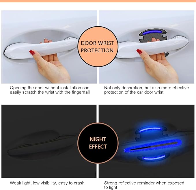 8 PCS Car Door Handle Scratch Protector, 3D Carbon Fiber Car Door Handle Protector, Self-Adhesive Reflective Sticker, Safety Warning, Cars Paint Protection Film (Blue)