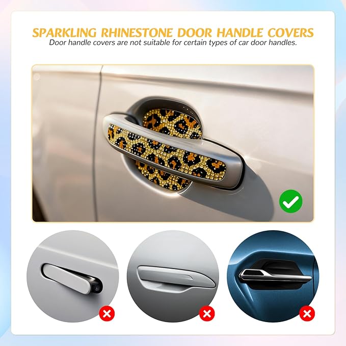 10PCS Bling Car Door Handle Protectors, 4 Door Bowl Stickers + 6 Handle Strips, Crystal Rhinestone Anti-Scratch Car Accessories, Sparkling Auto Decor, Universal for SUV Sedan Truck (Leopard Print)