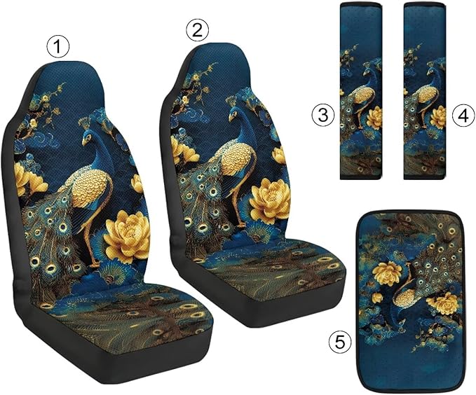 Qeluxign Peacock Floral Car Accessories Set for Women Center Console Armrest Pad Seat Belt Cushion Universal Car Accessories for SUV Van Truck
