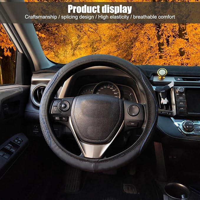 1 PC Car Steering Wheel Cover, 14.96In Waterproof Breathable Leather Vehicle Steering Wheel Anti-Slip Accessories, Universal Automotive Steering Wheel Protector for Truck SUV (Black & Blue)