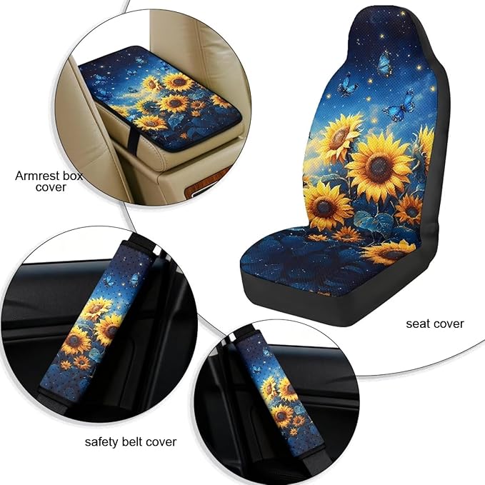 Qeluxign 5 Piece Car Accessories Set with 2 PU Leather Seat Covers, Sunflower Blue Butterfly 2 Belt Pads & 1 Armrest Cover Fit for Most Vehicles Easy Install & Clean